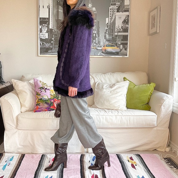 Purple knit angora jacket with fur trim - Picture 5 of 15